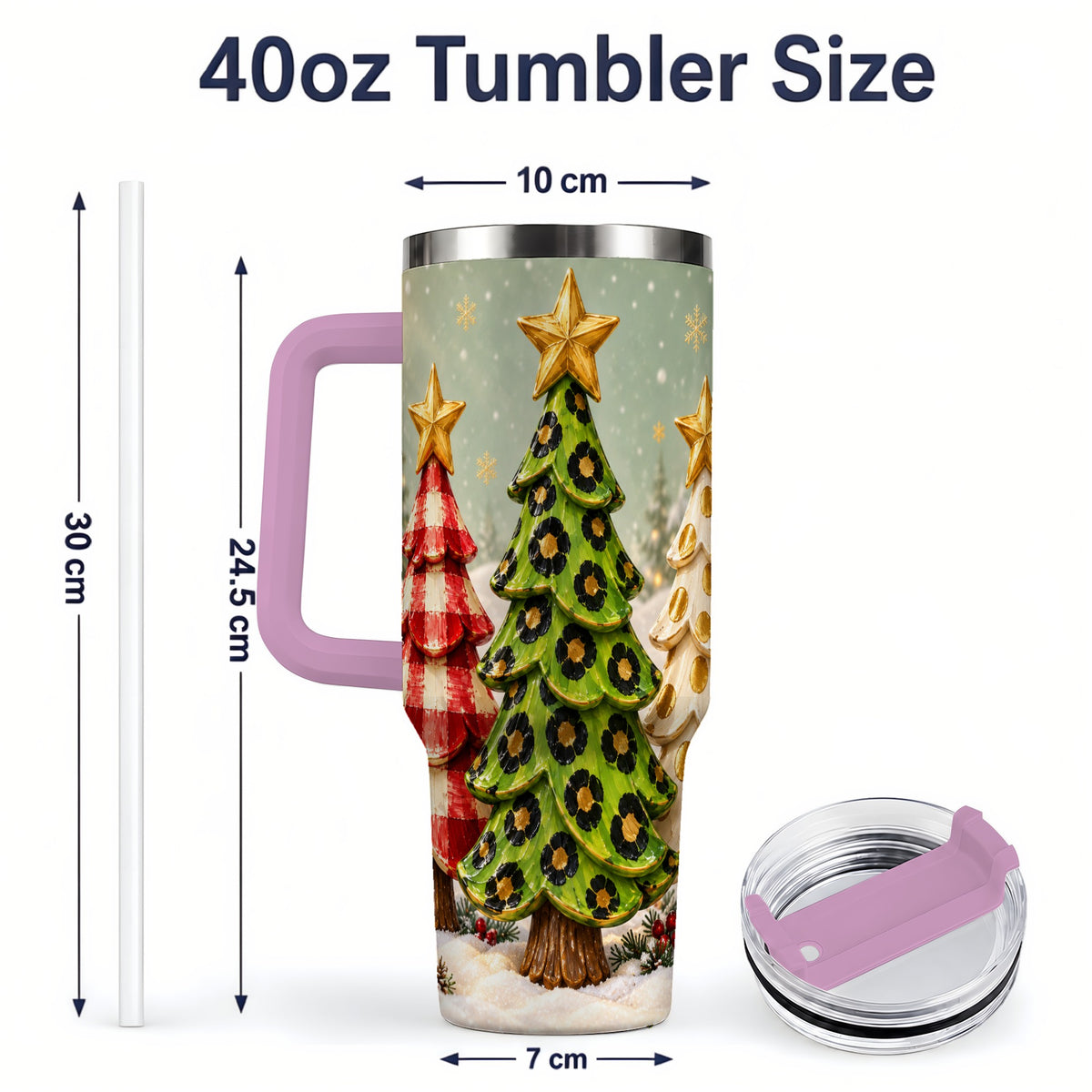 #pl[40oz|Pink] Plaid Christmas Trees 40oz Tumbler, Festive Leopard Pattern Design