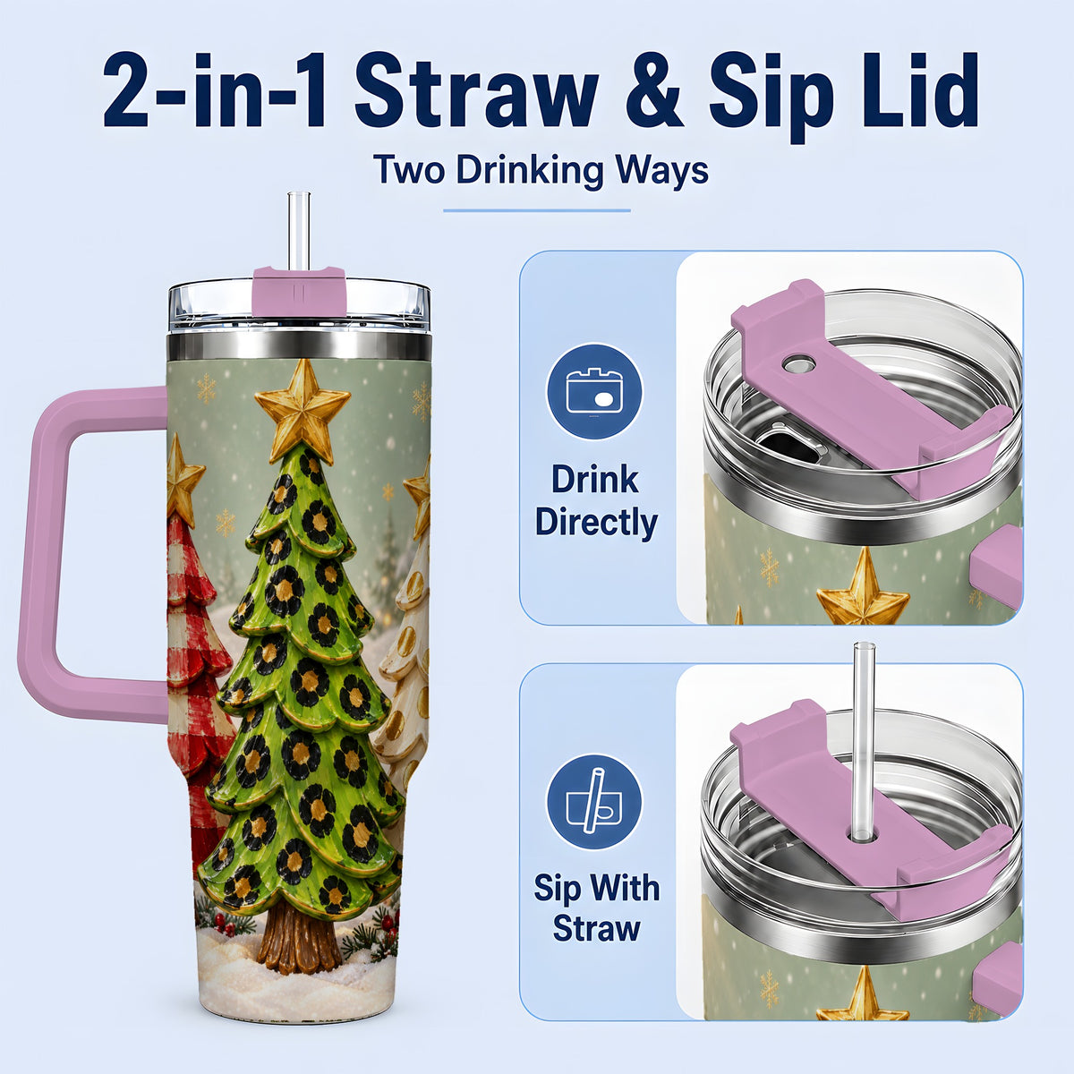 #pl[40oz|Pink] Plaid Christmas Trees 40oz Tumbler, Festive Leopard Pattern Design