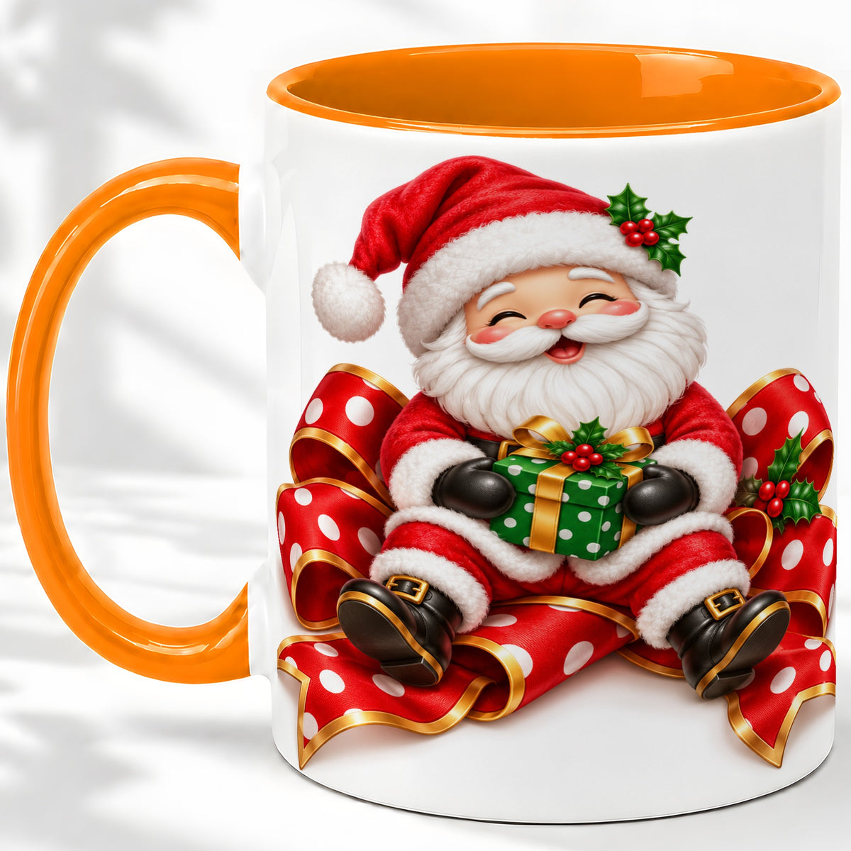 #pl[11oz|Orange] Santa Claus Christmas Accent Mug, Ceramic Cup with Festive Artwork
