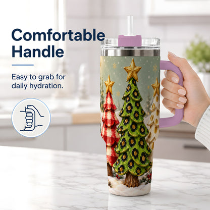 #pl[40oz|Pink] Plaid Christmas Trees 40oz Tumbler, Festive Leopard Pattern Design