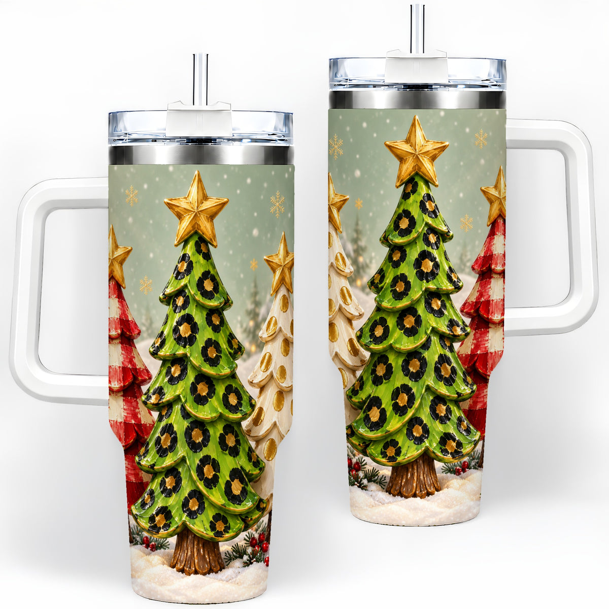 Plaid Christmas Trees 40oz Tumbler, Festive Leopard Pattern Design