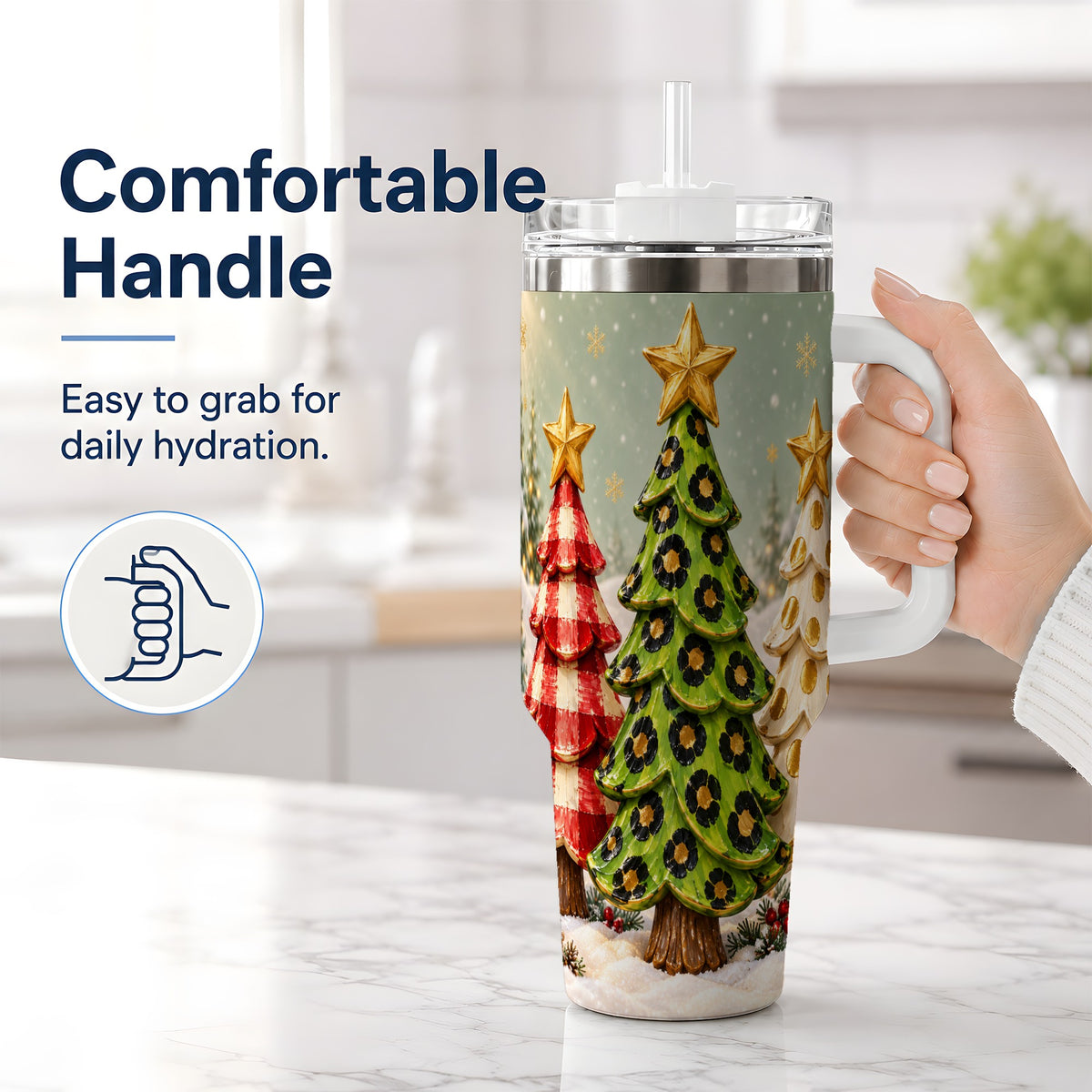 #pl[40oz|White] Plaid Christmas Trees 40oz Tumbler, Festive Leopard Pattern Design