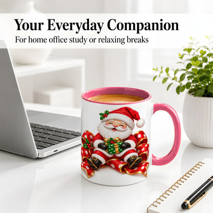 #pl[11oz|Pink] Santa Claus Christmas Accent Mug, Ceramic Cup with Festive Artwork