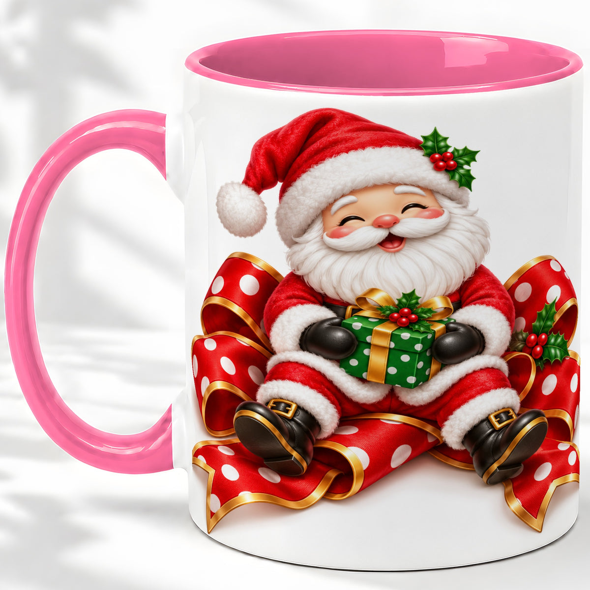 #pl[11oz|Pink] Santa Claus Christmas Accent Mug, Ceramic Cup with Festive Artwork