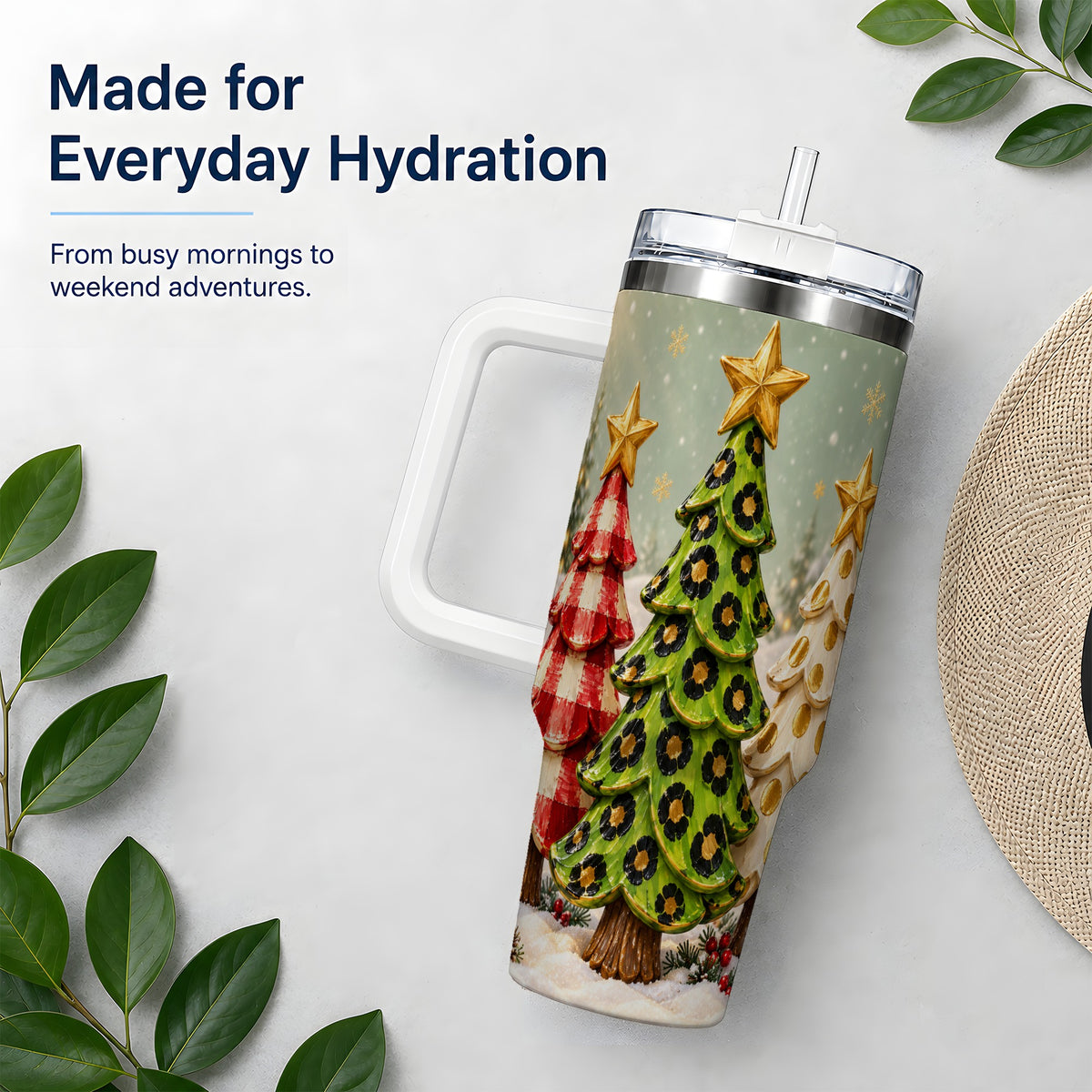Plaid Christmas Trees 40oz Tumbler, Festive Leopard Pattern Design