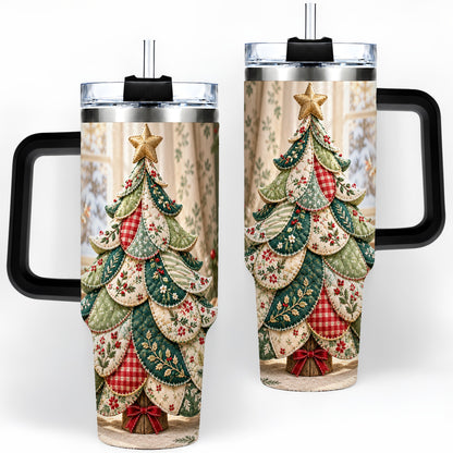 #pl[40oz|Black] Patchwork Christmas Tree 40oz Tumbler, Cozy Quilted Holiday Artwork