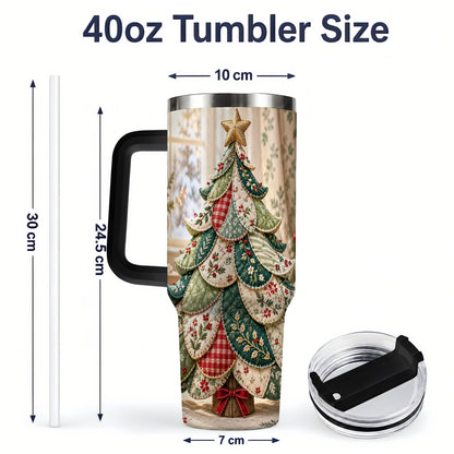 #pl[40oz|Black] Patchwork Christmas Tree 40oz Tumbler, Cozy Quilted Holiday Artwork