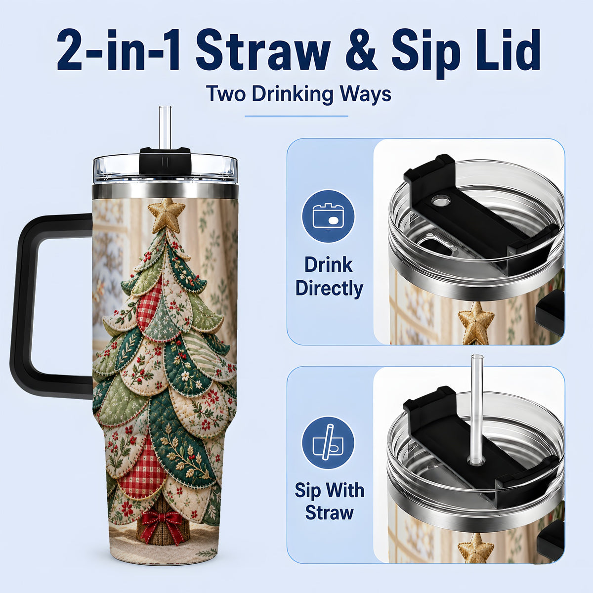 #pl[40oz|Black] Patchwork Christmas Tree 40oz Tumbler, Cozy Quilted Holiday Artwork