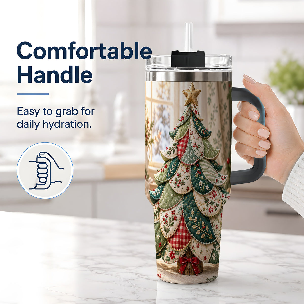 #pl[40oz|Black] Patchwork Christmas Tree 40oz Tumbler, Cozy Quilted Holiday Artwork