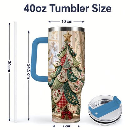 #pl[40oz|Blue] Patchwork Christmas Tree 40oz Tumbler, Cozy Quilted Holiday Artwork