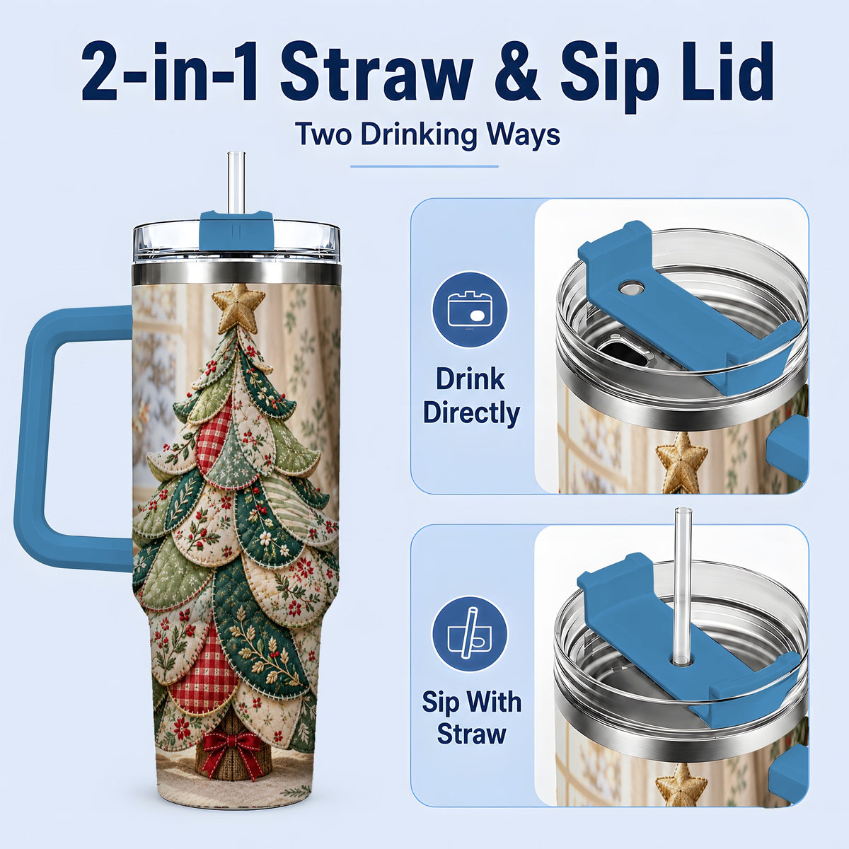 #pl[40oz|Blue] Patchwork Christmas Tree 40oz Tumbler, Cozy Quilted Holiday Artwork