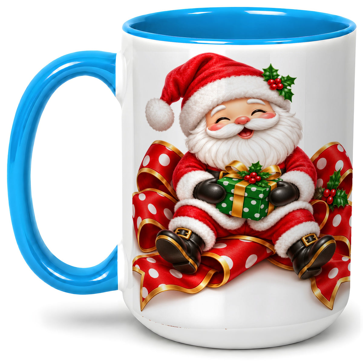 #pl[15oz|Blue] Santa Claus Christmas Accent Mug, Ceramic Cup with Festive Artwork