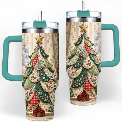 #pl[40oz|Green] Patchwork Christmas Tree 40oz Tumbler, Cozy Quilted Holiday Artwork
