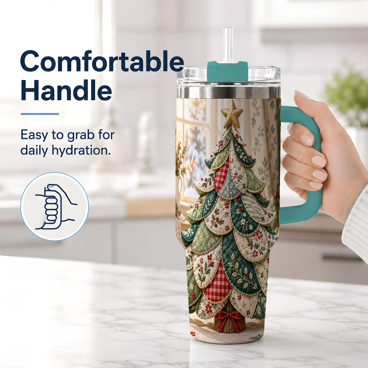 #pl[40oz|Green] Patchwork Christmas Tree 40oz Tumbler, Cozy Quilted Holiday Artwork