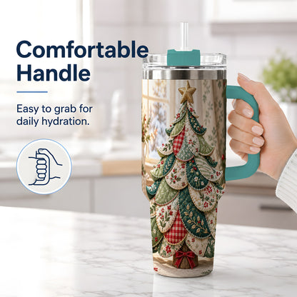 #pl[40oz|Green] Patchwork Christmas Tree 40oz Tumbler, Cozy Quilted Holiday Artwork