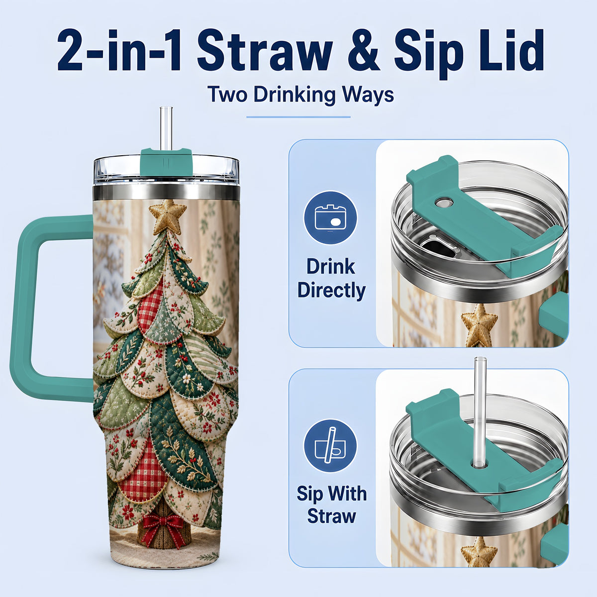 #pl[40oz|Green] Patchwork Christmas Tree 40oz Tumbler, Cozy Quilted Holiday Artwork