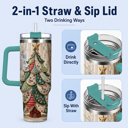 #pl[40oz|Green] Patchwork Christmas Tree 40oz Tumbler, Cozy Quilted Holiday Artwork