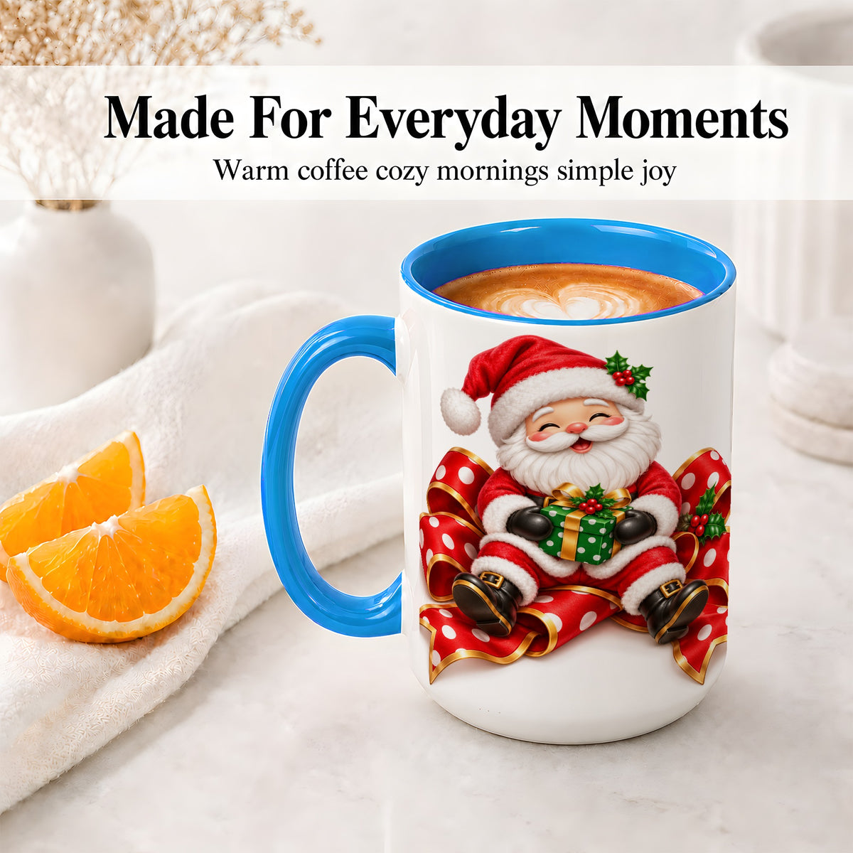 #pl[15oz|Blue] Santa Claus Christmas Accent Mug, Ceramic Cup with Festive Artwork