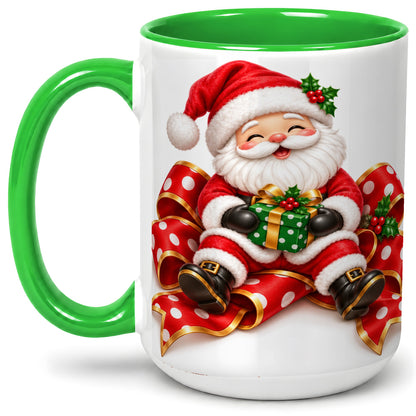 #pl[15oz|Green] Santa Claus Christmas Accent Mug, Ceramic Cup with Festive Artwork