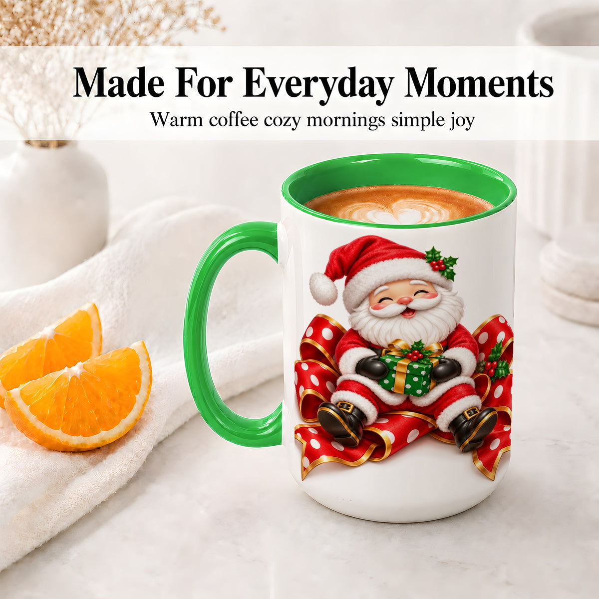 #pl[15oz|Green] Santa Claus Christmas Accent Mug, Ceramic Cup with Festive Artwork