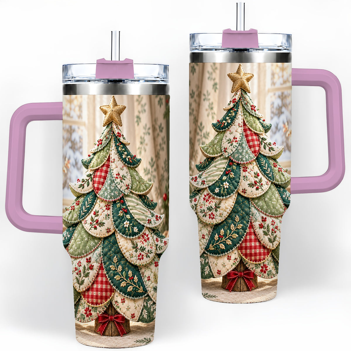 #pl[40oz|Pink] Patchwork Christmas Tree 40oz Tumbler, Cozy Quilted Holiday Artwork