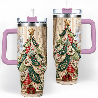 #pl[40oz|Pink] Patchwork Christmas Tree 40oz Tumbler, Cozy Quilted Holiday Artwork