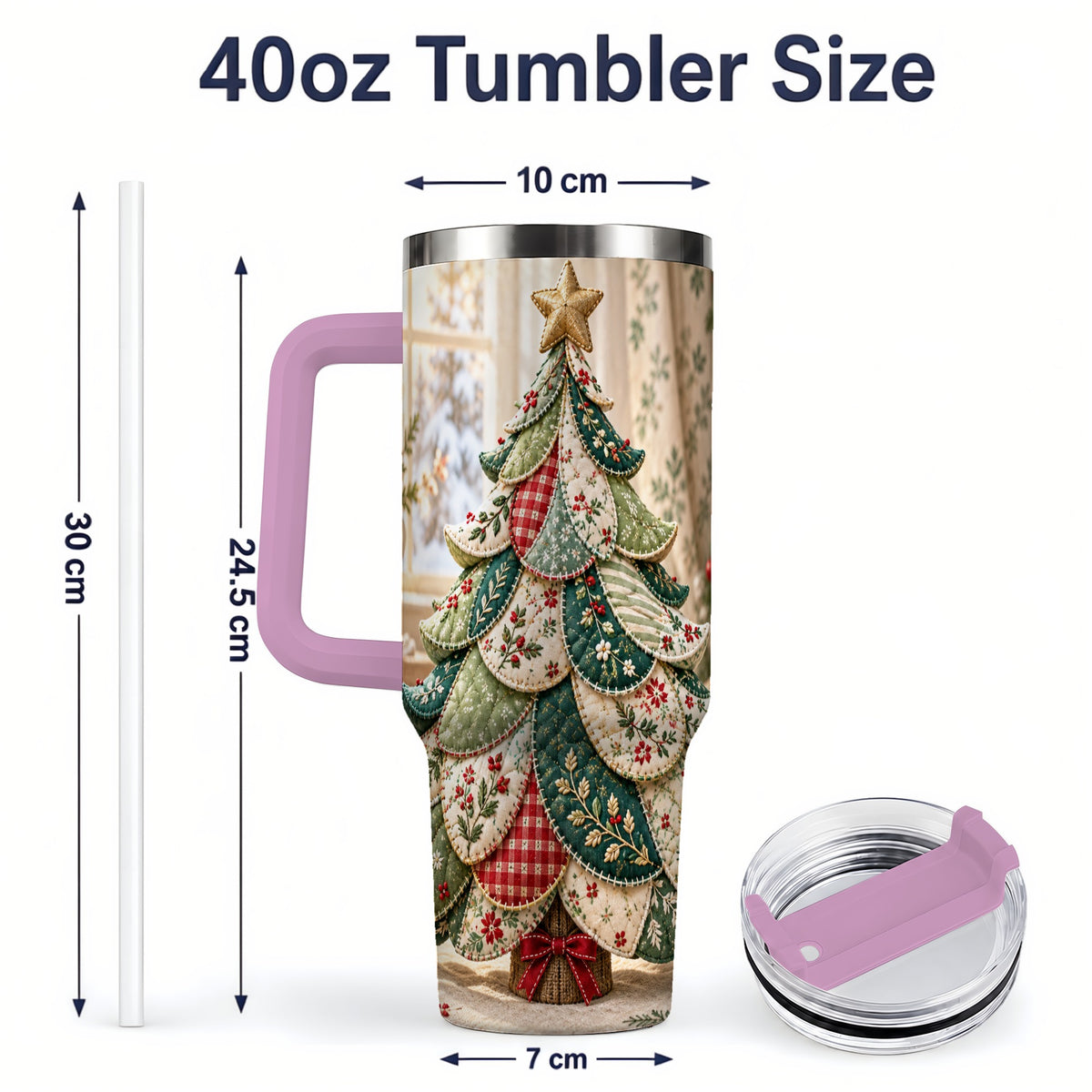 #pl[40oz|Pink] Patchwork Christmas Tree 40oz Tumbler, Cozy Quilted Holiday Artwork