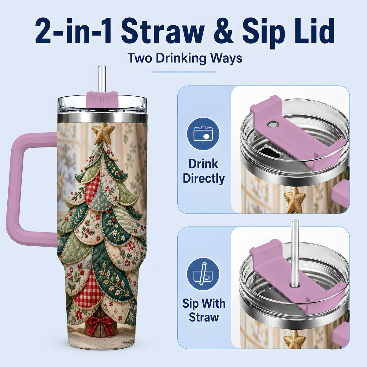#pl[40oz|Pink] Patchwork Christmas Tree 40oz Tumbler, Cozy Quilted Holiday Artwork