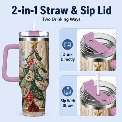 #pl[40oz|Pink] Patchwork Christmas Tree 40oz Tumbler, Cozy Quilted Holiday Artwork