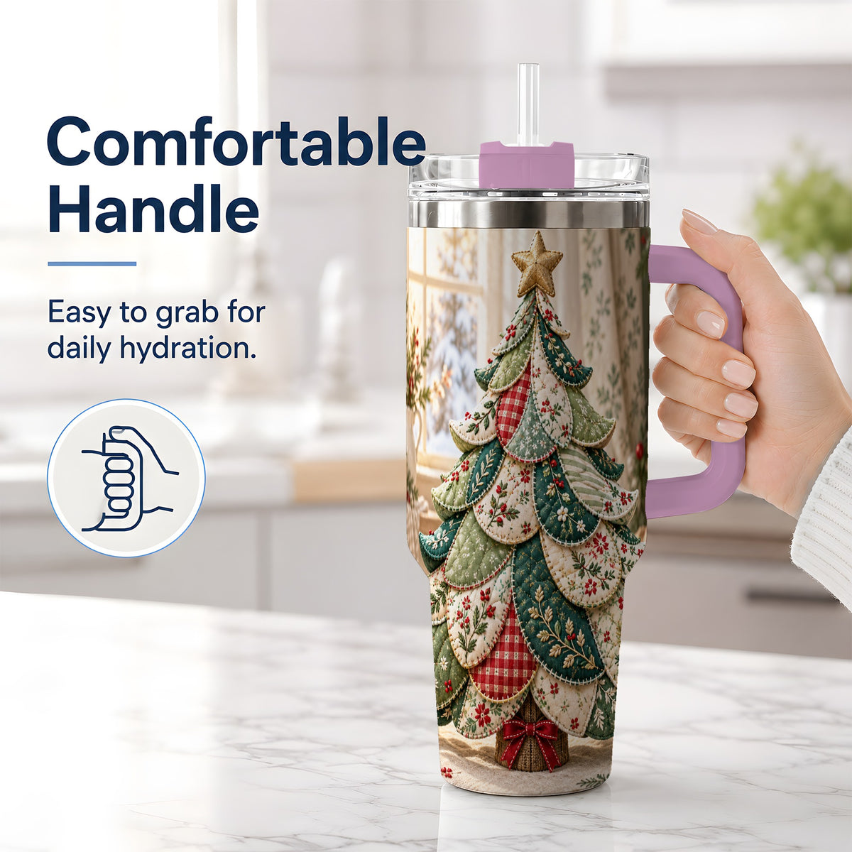 #pl[40oz|Pink] Patchwork Christmas Tree 40oz Tumbler, Cozy Quilted Holiday Artwork