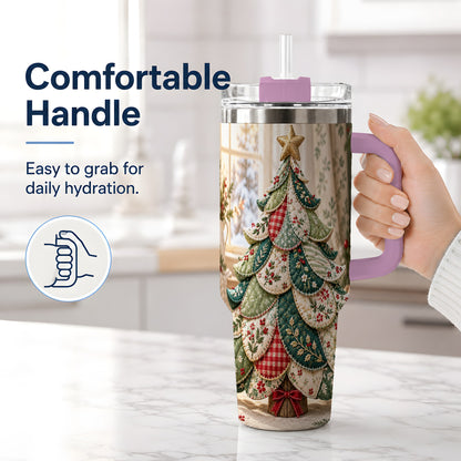 #pl[40oz|Pink] Patchwork Christmas Tree 40oz Tumbler, Cozy Quilted Holiday Artwork