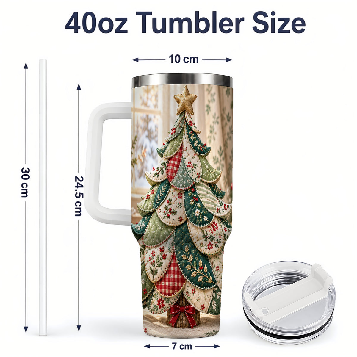 #pl[40oz|White] Patchwork Christmas Tree 40oz Tumbler, Cozy Quilted Holiday Artwork