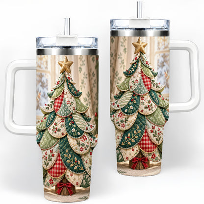 Patchwork Christmas Tree 40oz Tumbler, Cozy Quilted Holiday Artwork