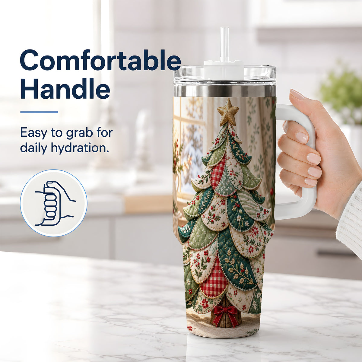 #pl[40oz|White] Patchwork Christmas Tree 40oz Tumbler, Cozy Quilted Holiday Artwork