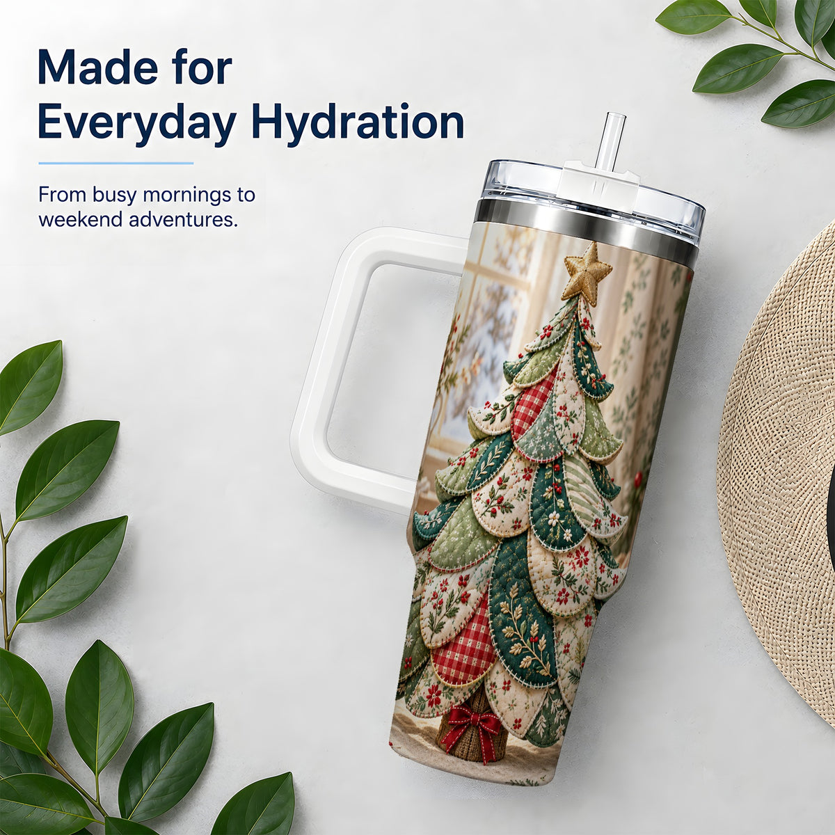 Patchwork Christmas Tree 40oz Tumbler, Cozy Quilted Holiday Artwork