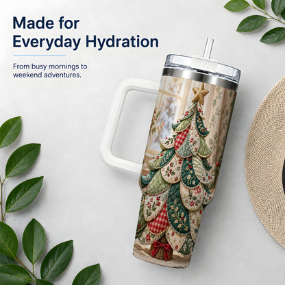 Patchwork Christmas Tree 40oz Tumbler, Cozy Quilted Holiday Artwork