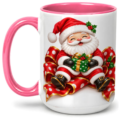 #pl[15oz|Pink] Santa Claus Christmas Accent Mug, Ceramic Cup with Festive Artwork