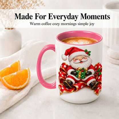 #pl[15oz|Pink] Santa Claus Christmas Accent Mug, Ceramic Cup with Festive Artwork