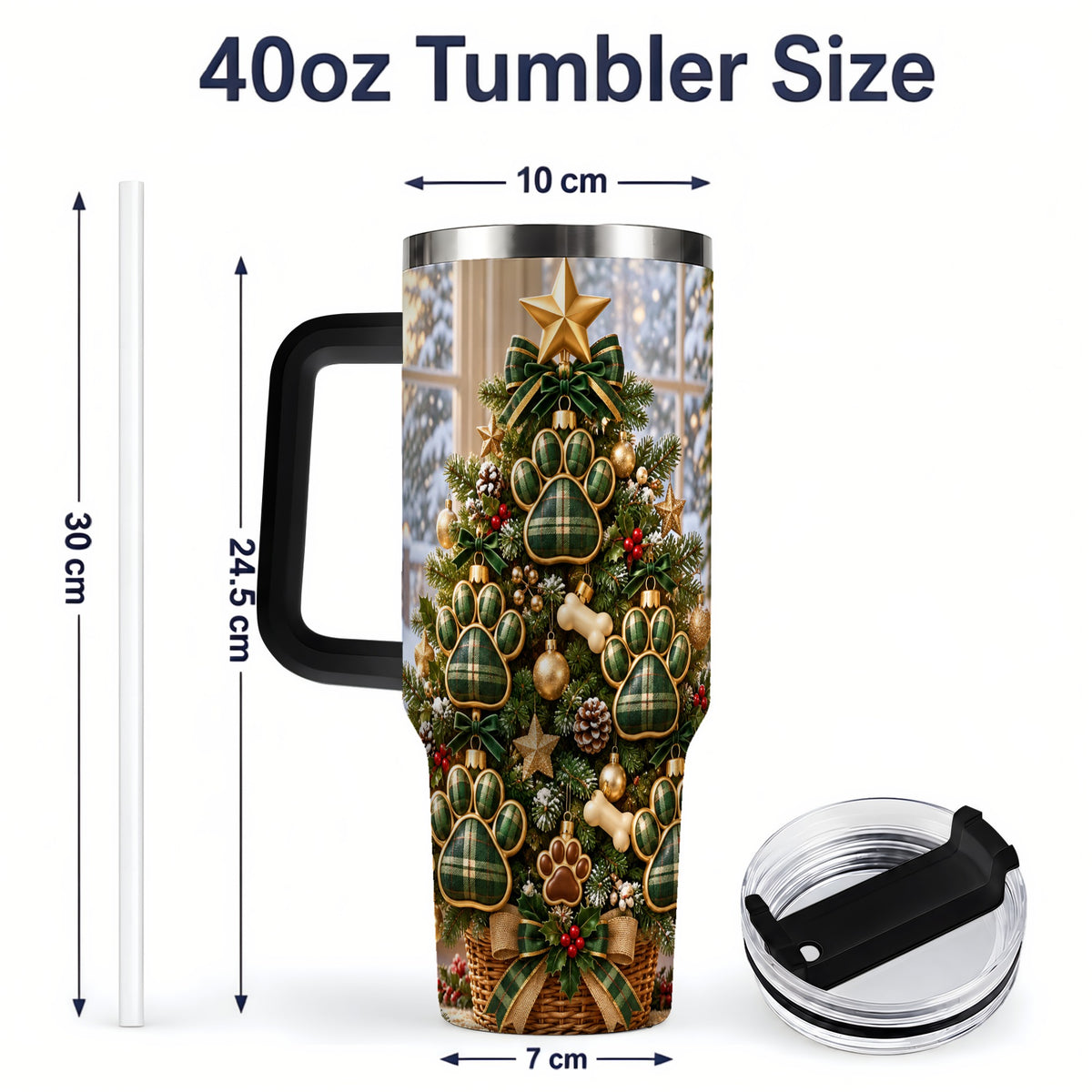 #pl[40oz|Black] Christmas Dog Paw 40oz Handled Tumbler, Festive Green Plaid Design