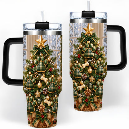 #pl[40oz|Black] Christmas Dog Paw 40oz Handled Tumbler, Festive Green Plaid Design