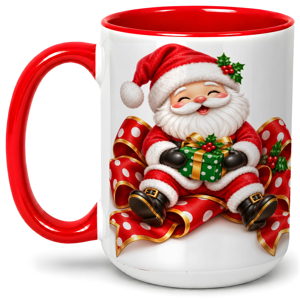 #pl[15oz|Red] Santa Claus Christmas Accent Mug, Ceramic Cup with Festive Artwork
