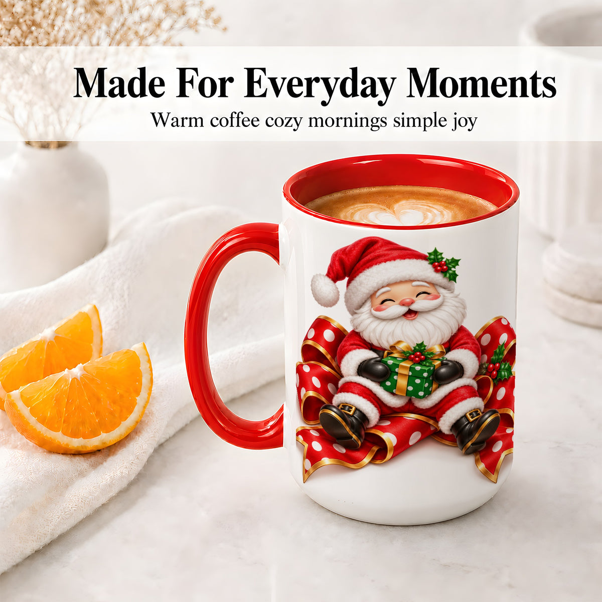 #pl[15oz|Red] Santa Claus Christmas Accent Mug, Ceramic Cup with Festive Artwork
