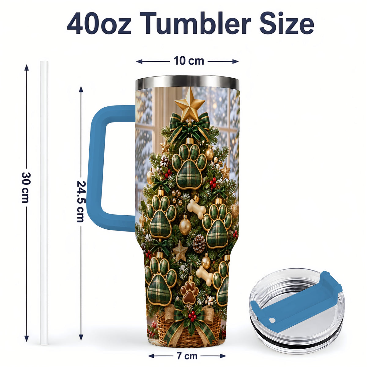 #pl[40oz|Blue] Christmas Dog Paw 40oz Handled Tumbler, Festive Green Plaid Design