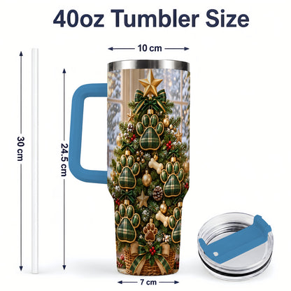 #pl[40oz|Blue] Christmas Dog Paw 40oz Handled Tumbler, Festive Green Plaid Design