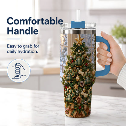 #pl[40oz|Blue] Christmas Dog Paw 40oz Handled Tumbler, Festive Green Plaid Design