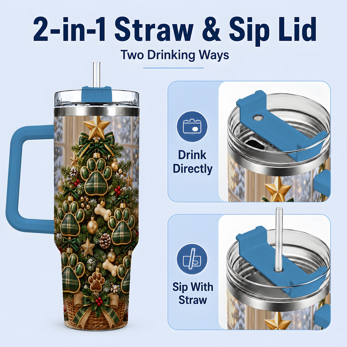 #pl[40oz|Blue] Christmas Dog Paw 40oz Handled Tumbler, Festive Green Plaid Design