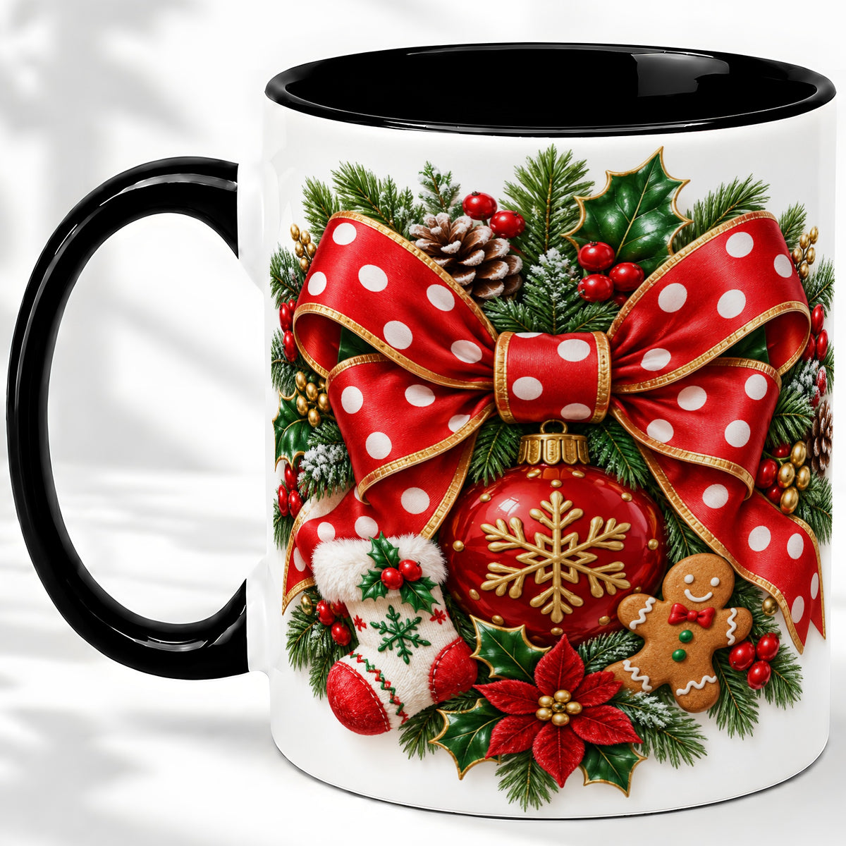 #pl[11oz|Black] Christmas Wreath Bow Accent Mug, Ceramic Cup with Holiday Artwork