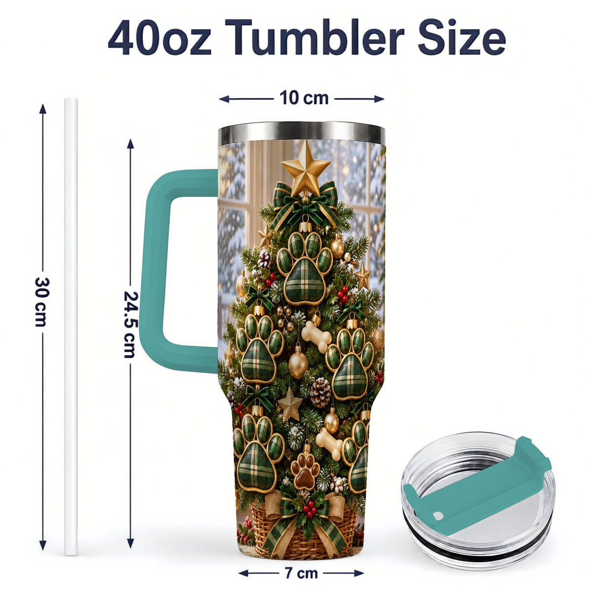 #pl[40oz|Green] Christmas Dog Paw 40oz Handled Tumbler, Festive Green Plaid Design