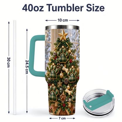 #pl[40oz|Green] Christmas Dog Paw 40oz Handled Tumbler, Festive Green Plaid Design