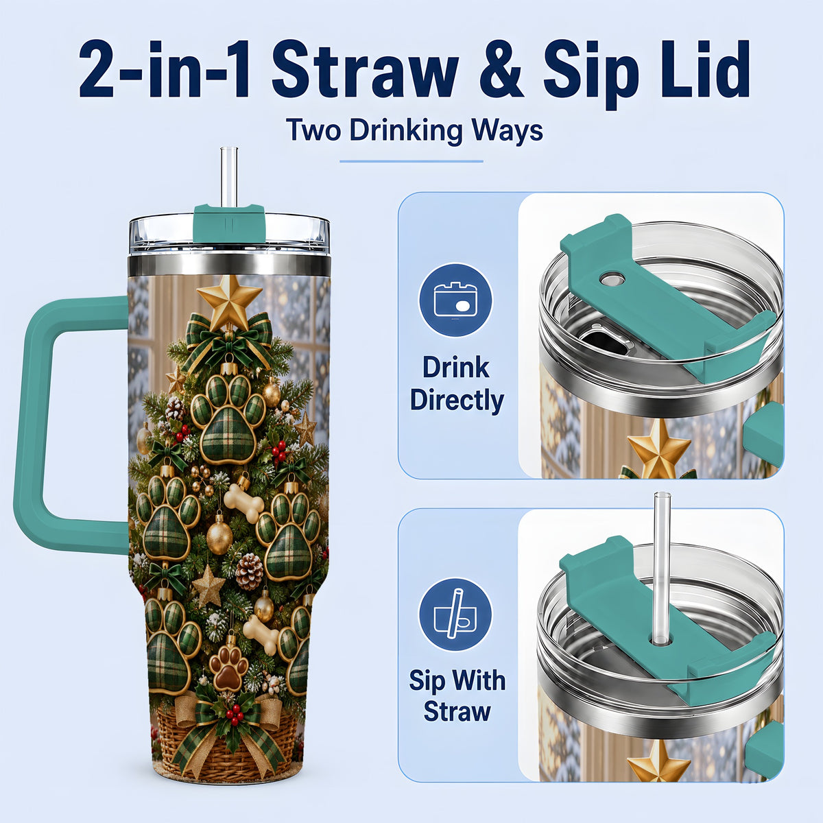 #pl[40oz|Green] Christmas Dog Paw 40oz Handled Tumbler, Festive Green Plaid Design